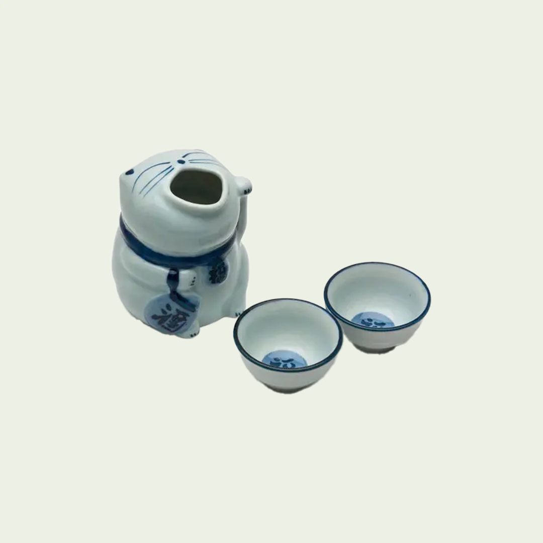 Blue & White Cat Sake Set